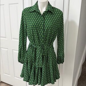 Q2 Green and Black Patterned Long Sleeve Mini Dress Size 38